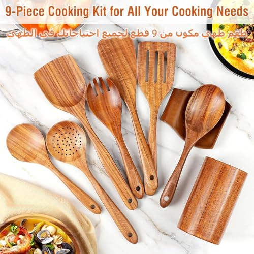 CENXI Cooking Wooden Spoons, 9 Piece Natural Teak Wooden Kitchen Utensil Set with Spoon Rest, Comfort Grip Cooking Spoons and Utensils Holder