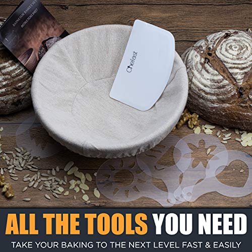 Chefast Banneton Proofing Basket Set: Combo Kit of 9.5" Natural Rattan Basket with Brotform Cloth Liner, 8 Bread Stencils and Bowl/Dough Scraper + Instructions - Make Perfectly Round Sourdough Boules
