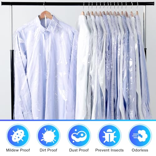 TranRantic Pack of 30 Plastic Clothes Covers, 60 x 140 cm Transparent Plastic Hanging Clothes Covers for Shirts, Jackets, Suits, Pullovers