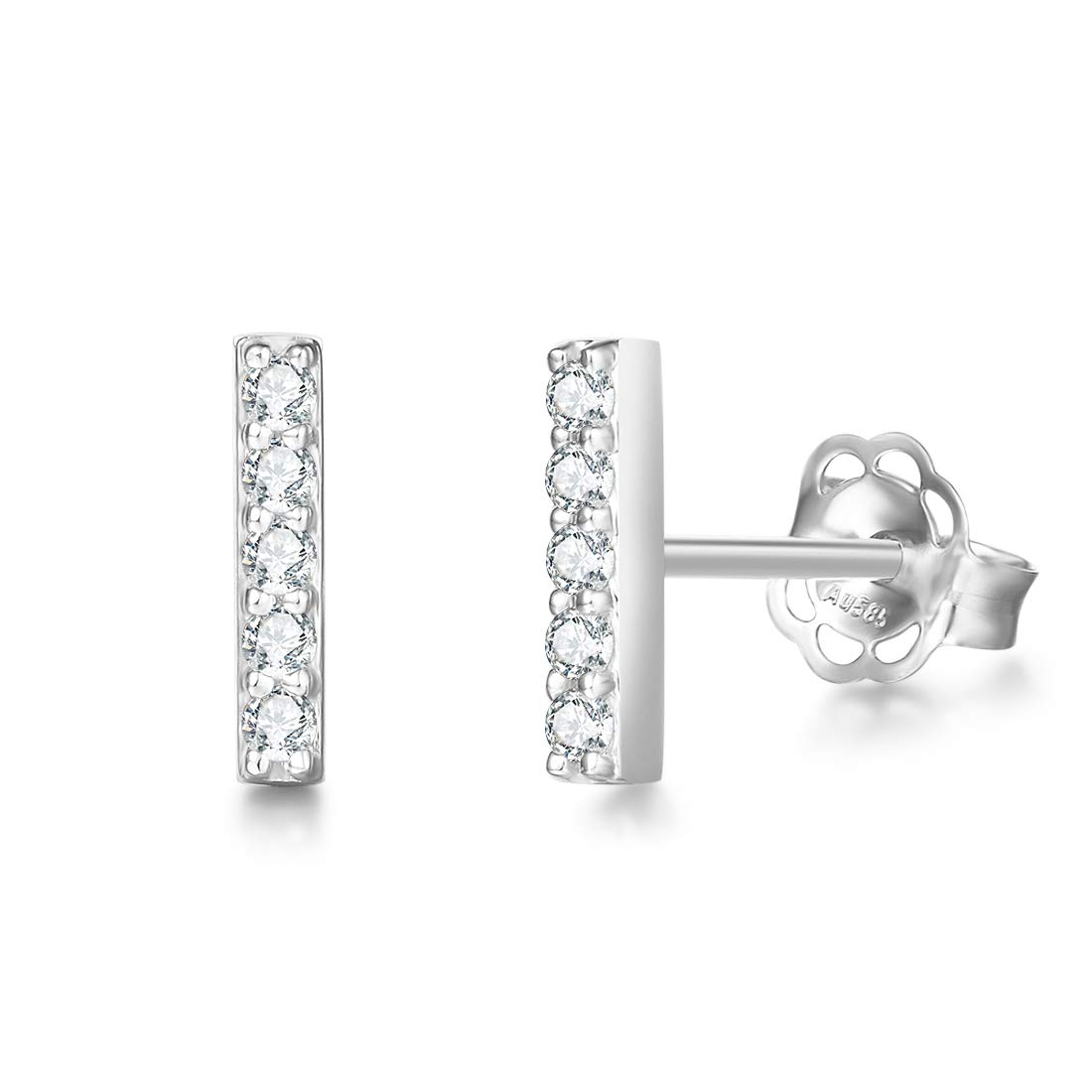FANCIME 14ct Solid 585 White Gold Stud Earrings Bar Shape Dainty Tiny Small Basic Solitaire Earrings with Cubic Zirconia CZ Delicate Minimalist Fine Jewellery for Women Girls - Dimension: 9 * 1 mm