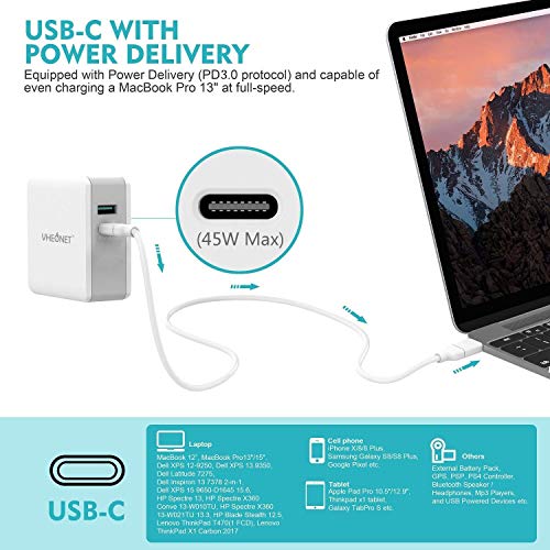 Quick Charge 3.0 USB C Charger 2-Port 45W PD Wall Charger Travel Adapter with Foldable Plug for MacBook, iPhone Xs/XS Max/XR, Samsung Galaxy S8 / S8+ / Note8 and More (White)