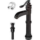 BATHLAVISH Oil Rubbed Bronze Vessel Sink Faucet, Brass Waterfall Tall Bathroom Faucet Single Handle Bathroom Sink Faucets Single Hole with Pop Up Drain and Supply Hoses Mixer Tap Deck Mount