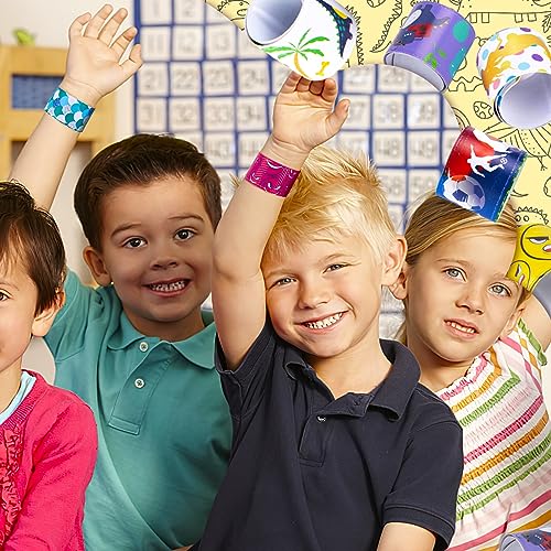 LOVESTOWN Slap Bracelets for Kids, 64PCS Kids Slap Wristbands Snap Bracelets Dinosaurs Mermaid Space Emotions for Party Favors Classroom Prizes Exchanging Gifts