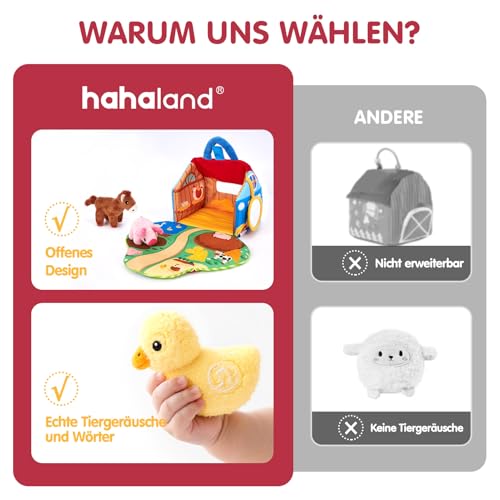 hahaland Farm Baby Toy 6 Months with 2-in-1 Barns & Play Mats, 6 Sensory Plush Toys with Animal Sounds & Speaks English Animal Names, Montessori Toy Baby Gift from 6-12 Months