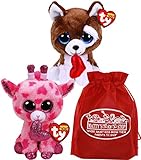 Ty Beanie Boos Valentine's 2019 Sweetums (Pink Giraffe) & Smootches (Brown Dog) Gift Set Bundle with Bonus Matty's Toy Stop Storage Bag - 2 Pack