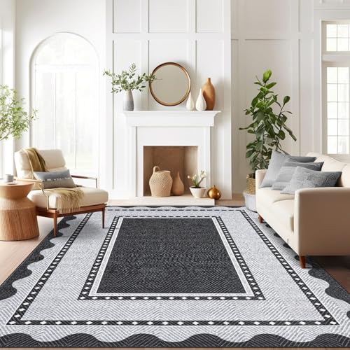 Garvee Border Washable Area Rug 9x12 Living Room Rugs Black Modern Neutral Stai…