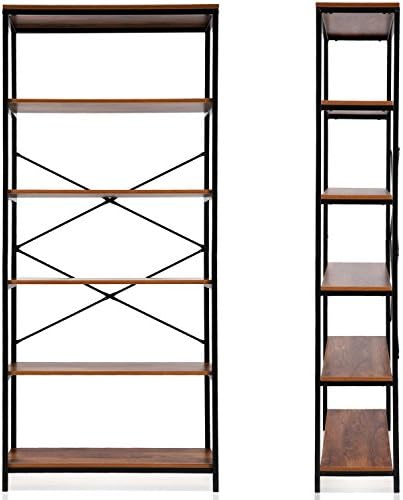 rateim 5-Shelf Wood Rustic Open Bookcase, Brown Tall Industrial Style Office Bookcase Shelf Organizer Furniture, Vintage Free Standing Storage Shelf Units Display Rack for Home (US STOCK)