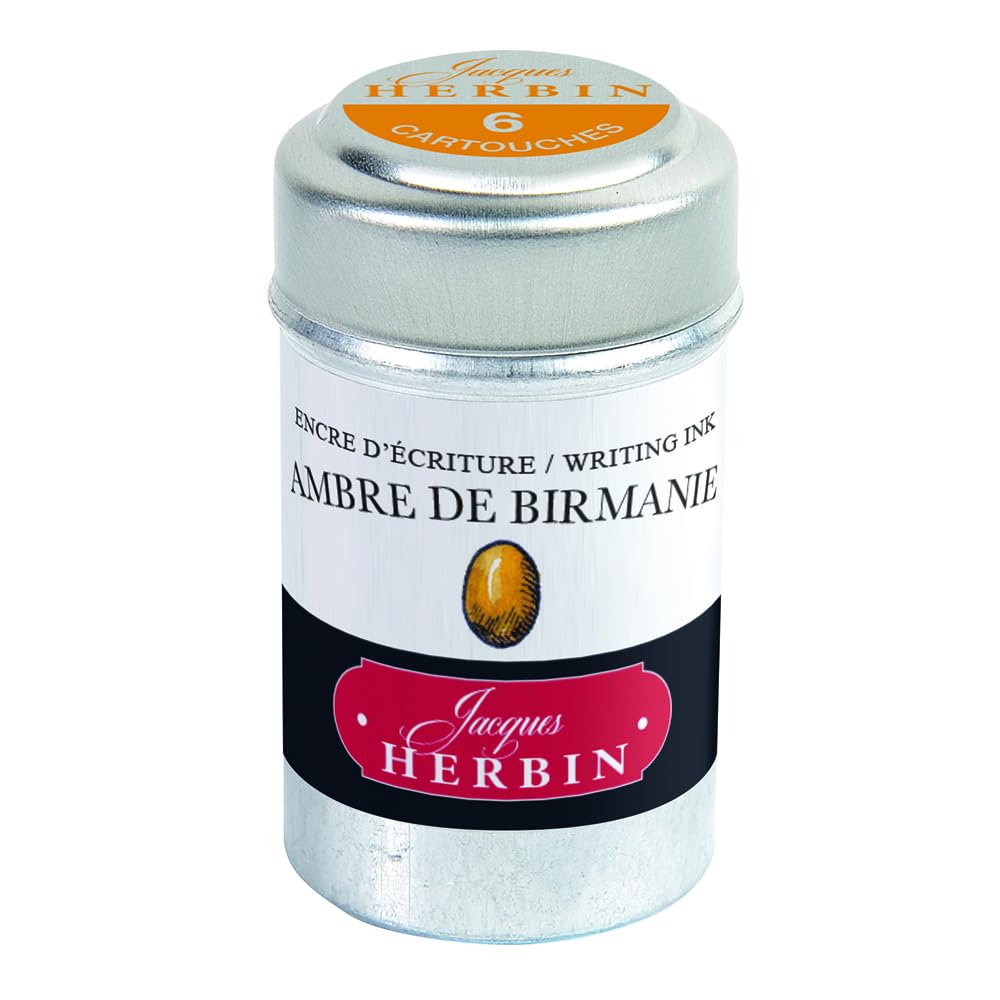 Jacques Herbin - Ref 20141T_paq - Universal Writing Snap-In Ink Cartridges - Ambre de Birmanie / Amber of Burma - Cylindrical Metal Pot of 6 Cartridges - Orange-Coloured Ink