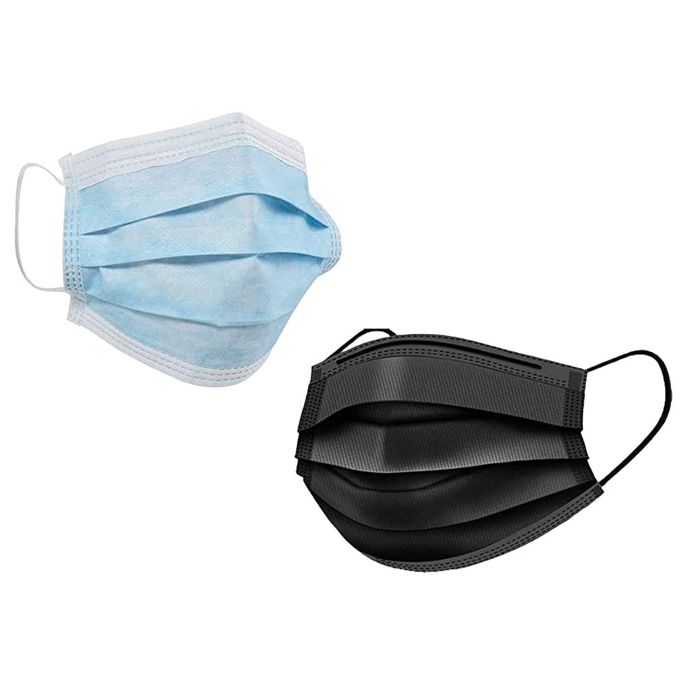 2 UR DOOR 200 Pack Protective Disposable Face Masks 3-Ply Facial Cover with Elastic Ear Loops, Comfortable Universal 3D Design for Regular Use, Home, Office (100 Blue and 100 Black)