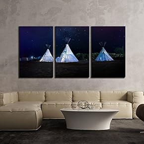 3 Piece Canvas Wall Art - Camp Tent Under The Starry Night - Modern Home Art Stretched and Framed Ready to Hang - 16"x24"x3 Panels