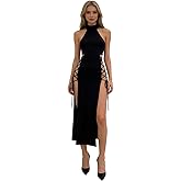Women Halter Neck Long Dress Sexy Cut Out Side Split Lace Up Straps Sleeveless Bodycon Maxi Dresses Cocktail Party Dress