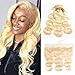 613 Blonde Human Hair 3 Bundles with Frontal Brazilian Body Wave with Baby Hair Frontal 100% Ear to Ear Virgin Human Hair Weave with 13x4 Lace Frontal 161820+14 Inch