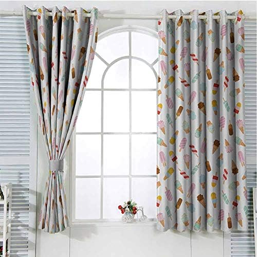 Jinguizi Ice Cream Window Decor Grommet Window Curtain Cartoon Doodle Style Creamy Delicious Diary Desserts with Various Sweet Flavors Wall Curtain Multicolor 55 x 63 inch