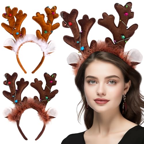 FUTUREPLUSX 2PCS Reindeer Antler Headbands, Christmas Reindeer Headband for Adults Kids Reindeer Ears Antler Hairband for Christmas Costume Party