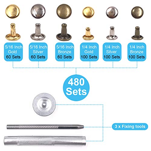 Seloky 480 Sets Leather Rivets Double Cap Rivet Tubular 3 Colors 2 Sizes Metal Studs with Fixing Tools for DIY Craft/Clothes/Shoes/Bags/Belts Repair and Decoration