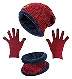 Winter Beanie Hat Scarf Gloves Slouchy Snow Knit Skull Cap Scarves Touch Screen Mittens For Women Burgundy