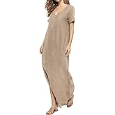 Match Women's V-Neck Casual Loose Short Sleeve Long T-Shirt Dress Split Maxi Dress with Side Pocket