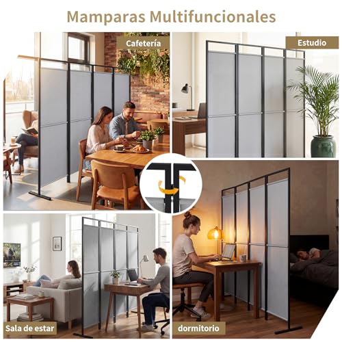 SIMPLE ESPACIO Biombo de privacidad Plegable de Cuatro Paneles, Base ensanchada, Divisor portátil, Dimensiones del Panel 175 cm de Ancho x 170 cm de Alto (Gris)