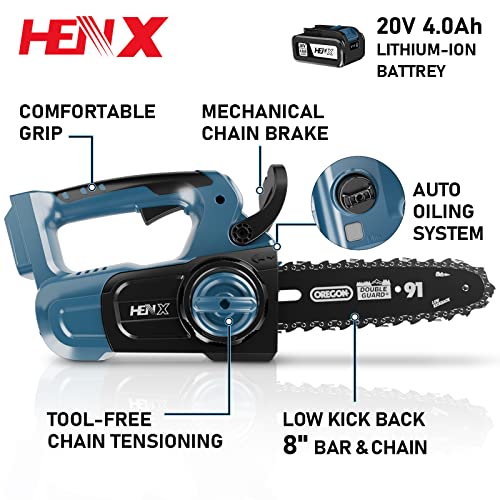 HENX 8Inch Cordless Chain Saw 20V Max Lithiumion, ToolFree Chain