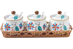 YMYL Ceramic Salt Sugar Bowls Set, Set of 3 Condiment Pots Seasoning Jar Spice Container with Lid Spoon and Tray for Home Kitchen Counter, Dishwasher Safe (Red)