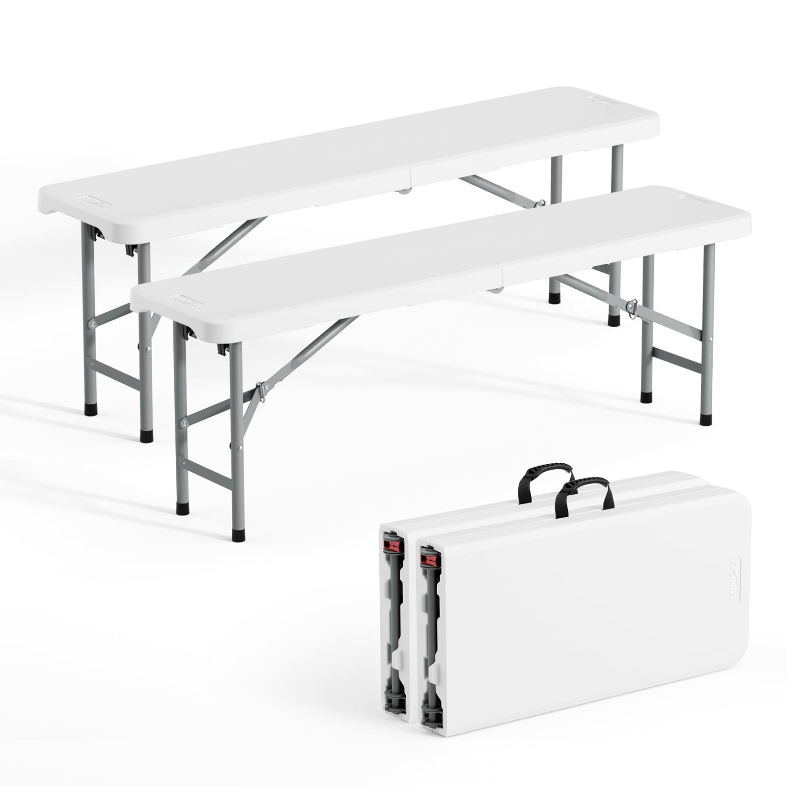 VINGLI 4 feet Plastic Folding Bench,Portable in/Outdoor Picnic Party Camping Dining Seat, Garden Soccer Multipurpose Entertaining Activities, Smooth HDPE Tabletop (2, White, 4ft) Image