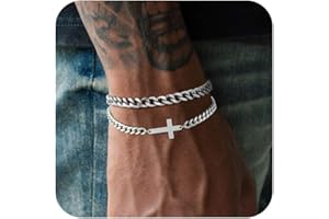 RANKEEF 2Pcs Mens Silver Bracelet with Cross Pearl Sturdy Stainless Steel Bracelets for Men Non Tarnish Adjustable Snake Box Figaro Rope Cuban Link Bracelet Set Gifts to Men Dad