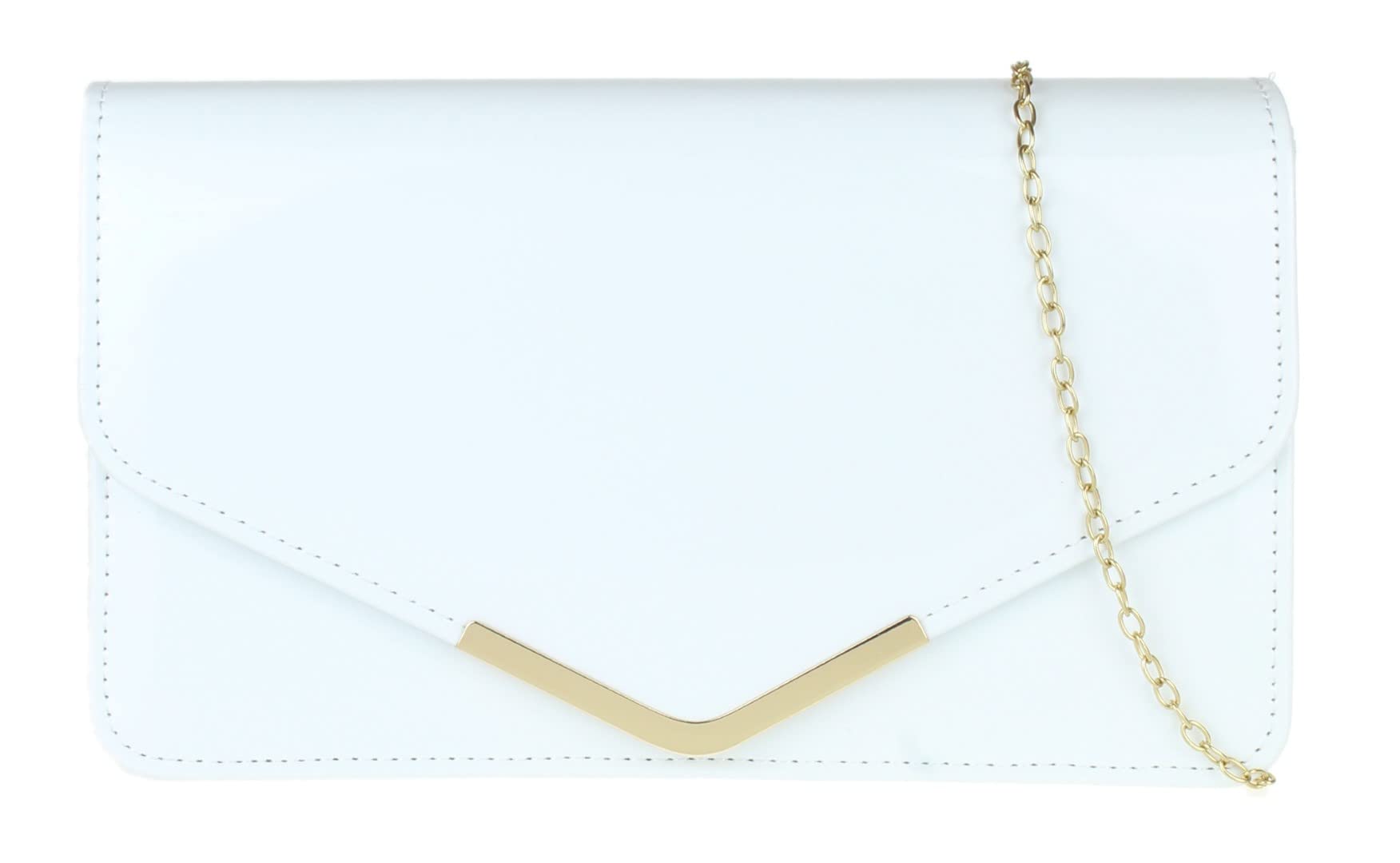 Girly Handbags Womens Beautiful Patent Faux Leather Metallic Frame Envelope Clutch Bag- White