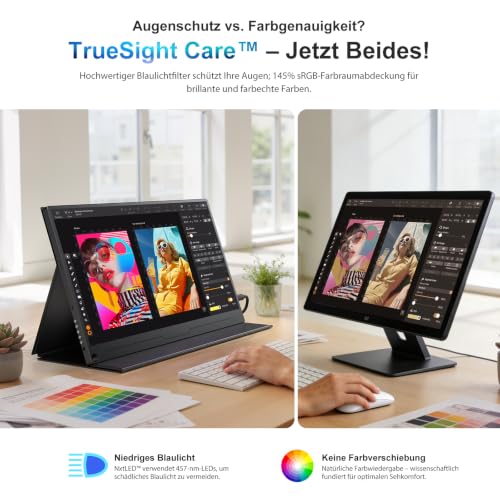 UPERFECT Portable Monitor 15.6 inch, NxtLED Eye-Friendly Laptop Monitor, 125% sRGB 1080p, Flicker-Free Display with USB-C, HDMI and VESA Connection for Computer, Mini PC and Game Consoles