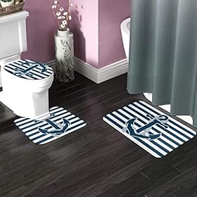 Nautical Bathroom Rug Set 3 Piece Navy Anchor Blue Stripe Background Non Slip Bath Carpet Mat U-Shaped Contour Mat… 51Vo5MDD7jL