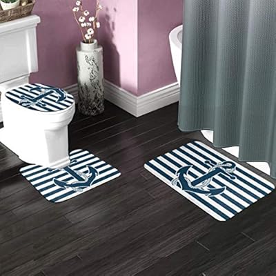 Nautical Bathroom Rug Set 3 Piece Navy Anchor Blue Stripe Background Non Slip Bath Carpet Mat U-Shaped Contour Mat… 51Vo5MDD7jL