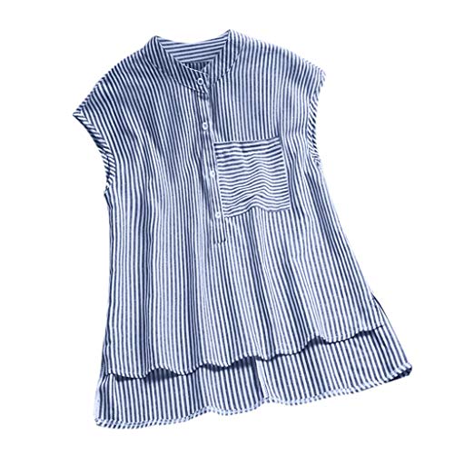 Kawaiine Women Plus Size Casual Stripe Print Tank Shirt Button Pocket Sleeveless Tops Dark Blue