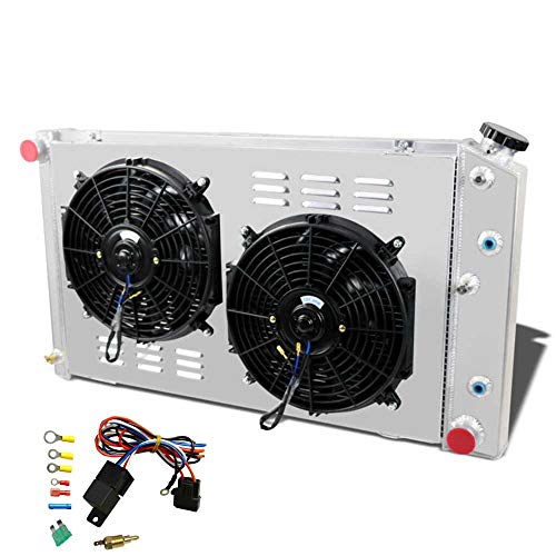 OzCoolingParts 4 Row Core Aluminum Radiator + 2 x 12" Fan w/Shroud(Cover) + Thermostat Kit for 1960-1990 61 62 65 66 87 88 89 Chevy Chevelle El Camino Truck Buick Cadillac Oldsmobile Pontiac and More