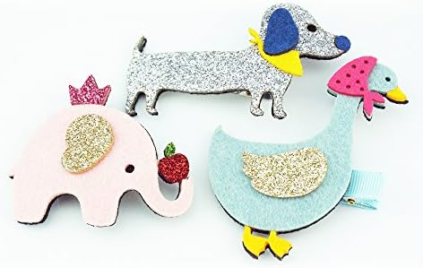 sparkling animals hair clip for girls, wiener dog, ducky, elephant, pack of three, three color options (cool)