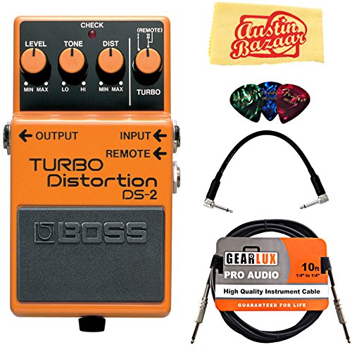 Boss DS-2 Turbo Distortion Guitar Effects Pedal Bundle with Gearlux Instrument Cable, Patch Cable, Picks, and Polishing Cloth