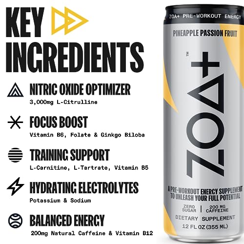 ZOA+ PreWorkout SugarFree Energy Drink, Pineapple Passionfruit Zero Sugar, Nitric Oxide