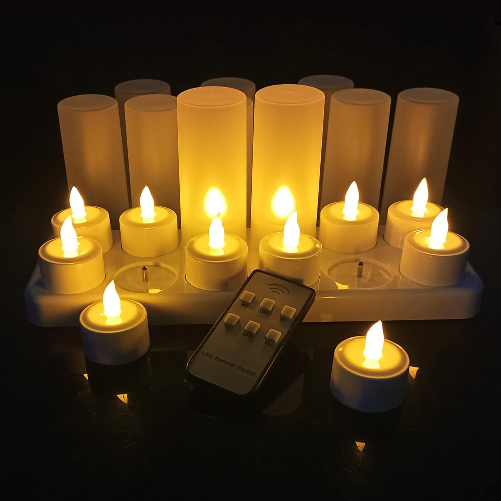 QSPORTPEAK LED Remote Control Rechargeable Tea Lights,12pcs flameless Candles USB,Restaurant Rechargeable Candle Lights with Charging Station,Suit for Christmas,Party,Wedding, Birthday,Yellow