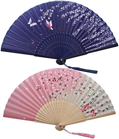 ZHONGGEMEI 2pcs Folding Fans Handheld Fans Bamboo Fans with Tassel Women's Hollowed Bamboo Hand Holding Fans for Wall Decoration, Gifts (A)