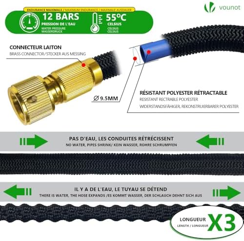 Flexibler Gartenschlauch 15 m, Flexibel Wasserschlauch Dehnbarer mit 10 Sprühfunktionen, 1/2 Zoll und 3/4 Zoll Messinganschlüssen, Aufbewahrungstasche inklusive, Schwarz