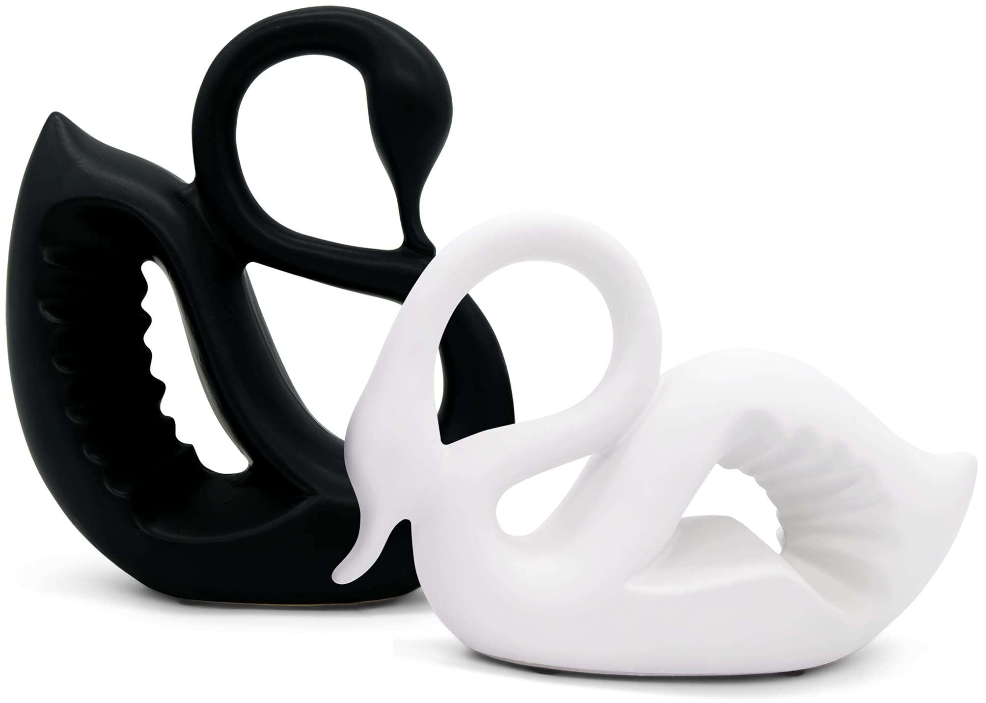 Large pair of ceramic swans in black and white – modern sculpture as couple of 2 swans – decorative swan figure symbolizing luck & harmony – decoration figurines as a gift