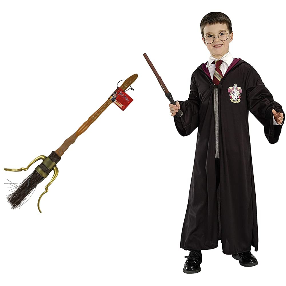 Rubie's Official Harry Potter Broom Fancy Dress Accessory Decoration & Official Harry Potter Pack Gryffindor Robe, Wand and Glasses Child's Costume - One Size