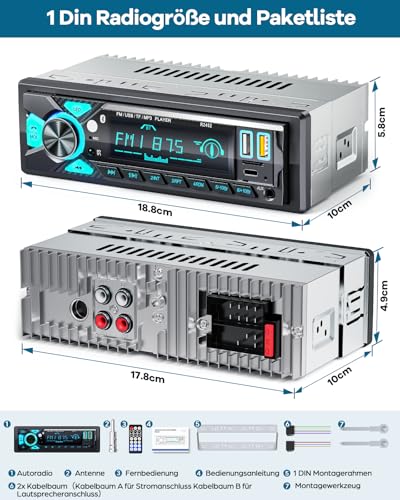 RDS Car Radio Bluetooth, CENXINY Car Radio 1 DIN with Charging Port Type-C, AM/FM Radio with 2USB/AUX/SD/TF Support Android and iOS