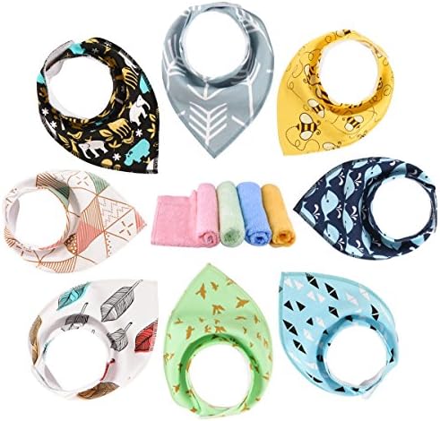 Unisex 8 Pack Baby Bandana Drool Bibs for Drooling and Teething, 100% Organic Cotton, Soft and Absorbent, Perfect for Baby Shower, Free Washcloth Gift - for Boys and Girls by JoyRing