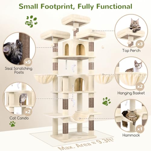Globlazer Large Beige Cat Tree XXL Height 204 cm with 3 Padded Perches, 2 Kennels, 2 Baskets, Hammock, Stable Cat Tower for 3-5 Adult Cats Rest Play Scratching (F80, Beige)