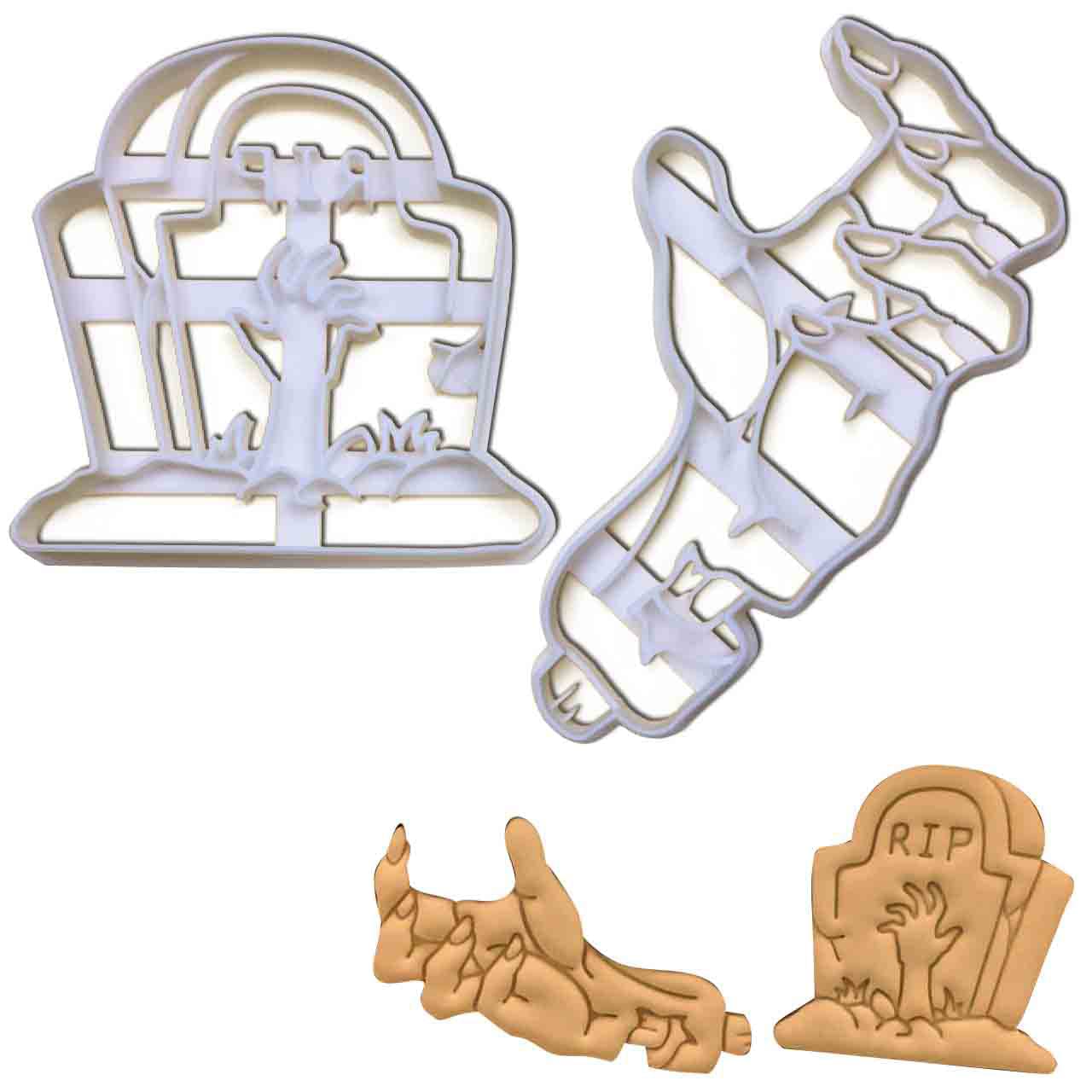 BAKERLOGY Set of 2 Zombie Themed Cookie Cutters (Designs: Zombie Hand and Tombstone) - Detailed Biscuit Cutter Design for Baking and Crafts, Ideal on Fondant, Dough, Clay