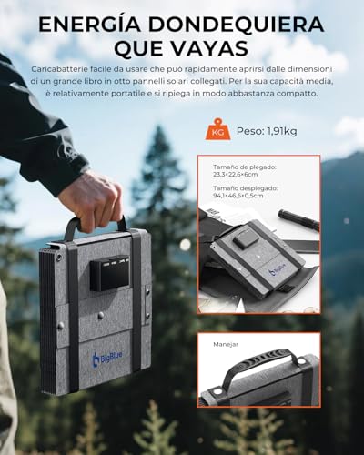 BigBlue Cargador Solar Plegable de 60W, ETFE Panel Solar Portátil QC3.0+PD45W+Salida de CC de 22,2V 【IP68 Resistente al Agua y Soporte】 para acampada, Compatible con Celular Tableta Generador Solar