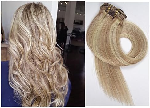 InfiniteS Clip in Human Hair Extensions Weft Remy Hair Silky Straight Strawberry Blonde Highlights 7 Pieces 70g (20 Inches, #27-613)