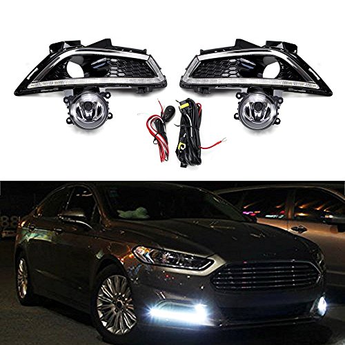 iJDMTOY Complete High Power LED Daytime Running Light Kit with Halogen Fog Lamps & On/Off Switch, Bezel Covers Combo Set For 2013-2016 Ford Fusion