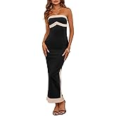 Fisoew Womens Bodycon Strapless Midi Dress Sexy Contrast Color Off Shoulder Party Tube Maxi Dresses Black