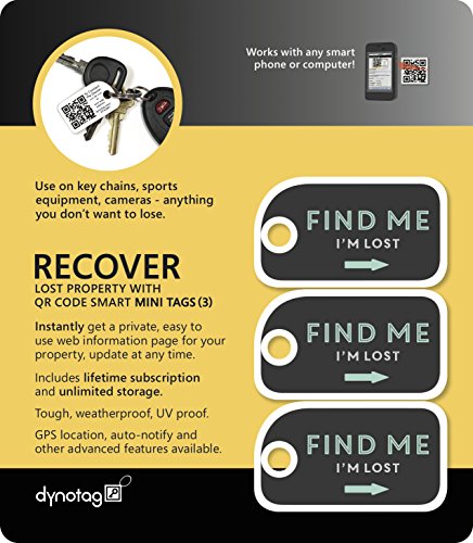 Dynotag Web Enabled Smart Mini Fashion ID Tags, with DynoIQ & Lifetime Recovery Service. 3 Identical Tags for Gear (Find Me!)