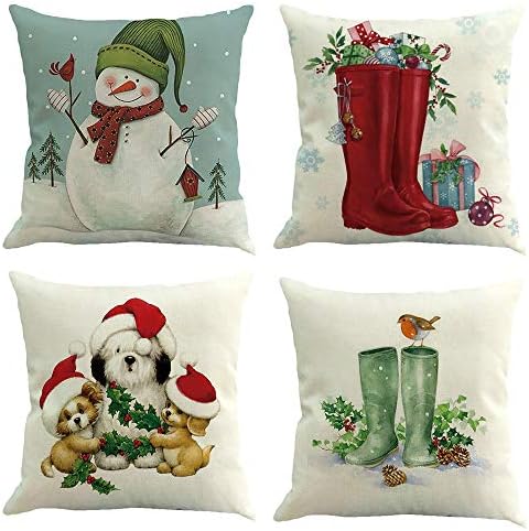 Malloom 4PC Merry Christmas Cotton Linen Pillow Case Rectangle Cover Decor Sofa Waist Cushion Cover 18"x18" (E)